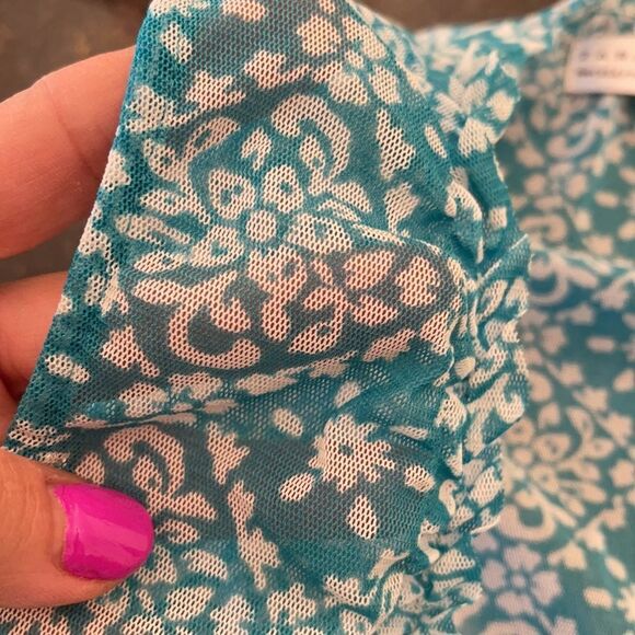 Zara Sz M Sheer Mesh Tiffany Blue Fleur Print Top - Picture 6 of 9